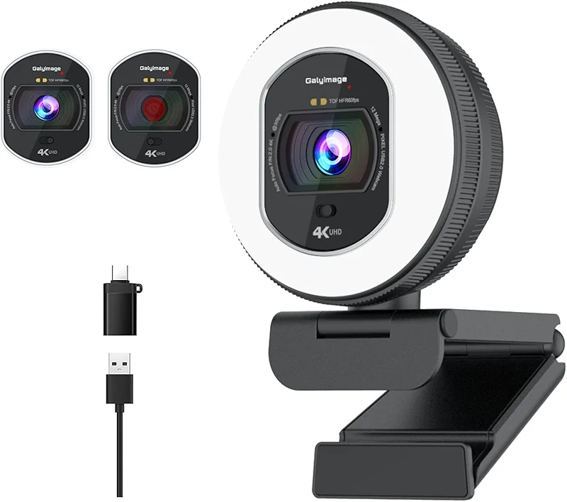 4K Webcam with Ring Light Web Cam 4K Autofocus with TOF Computer Camera — image 2