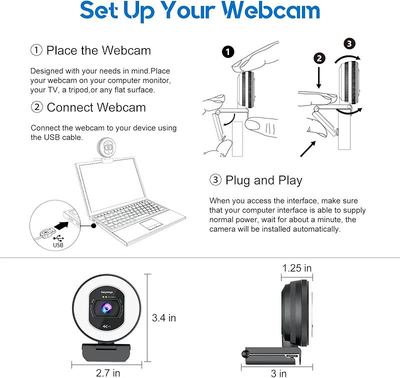 4K Webcam with Ring Light Web Cam 4K Autofocus with TOF Computer Camera