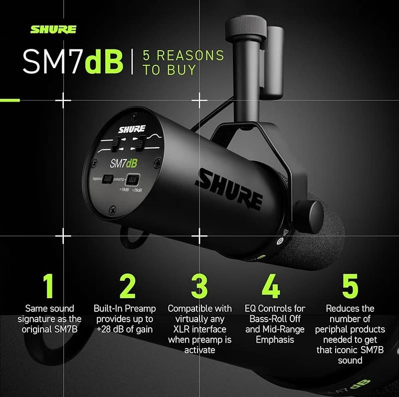 Shure SM7dB Dynamic Studio Microphone with Built-in Preamp – XLR Mic for — image 6